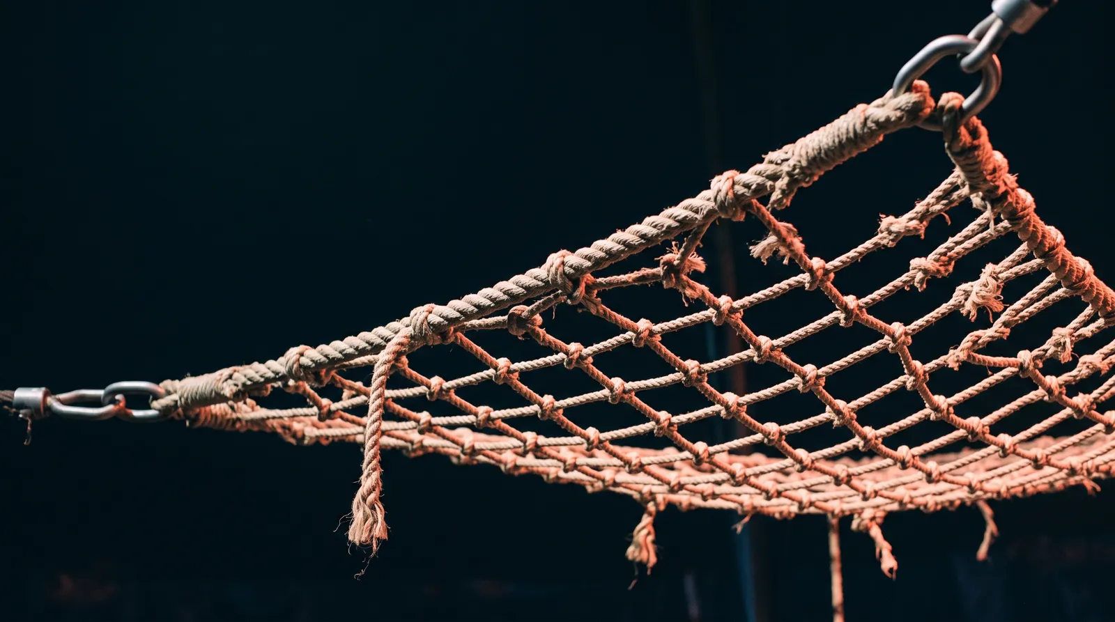 Un filet de sécurité de cirque tendu dans le noir, éclairé par une seule lumière corail rasante