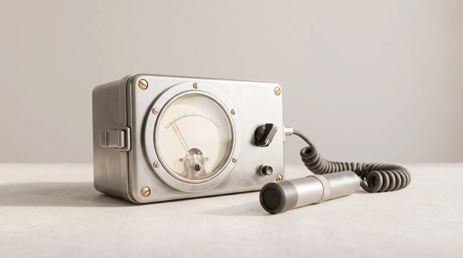 Un compteur Geiger ancien posé sur un établi sombre, son aiguille et son cadran éclairés par une seule lumière corail rasante