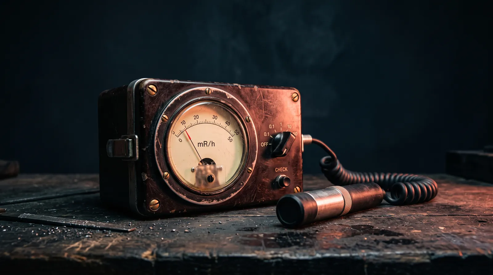 Un compteur Geiger ancien posé sur un établi sombre, son aiguille et son cadran éclairés par une seule lumière corail rasante