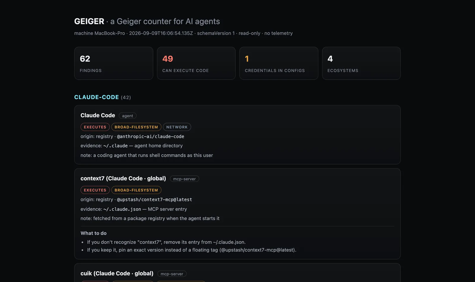 Le rapport HTML de Geiger : quatre compteurs en tête, puis chaque trouvaille avec ses étiquettes, son origine et le fichier qui sert de preuve