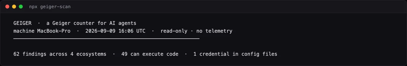 Le résumé rendu par Geiger dans le terminal : 62 trouvailles sur 4 écosystèmes, 49 capables d'exécuter du code, 1 identifiant dans les fichiers de configuration