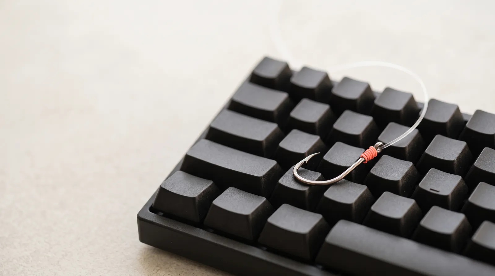 Un hameçon de pêche et son fil posés sur un clavier d'ordinateur noir, près des touches Ctrl, Win et Alt, dans le noir, éclairés par une seule lumière corail