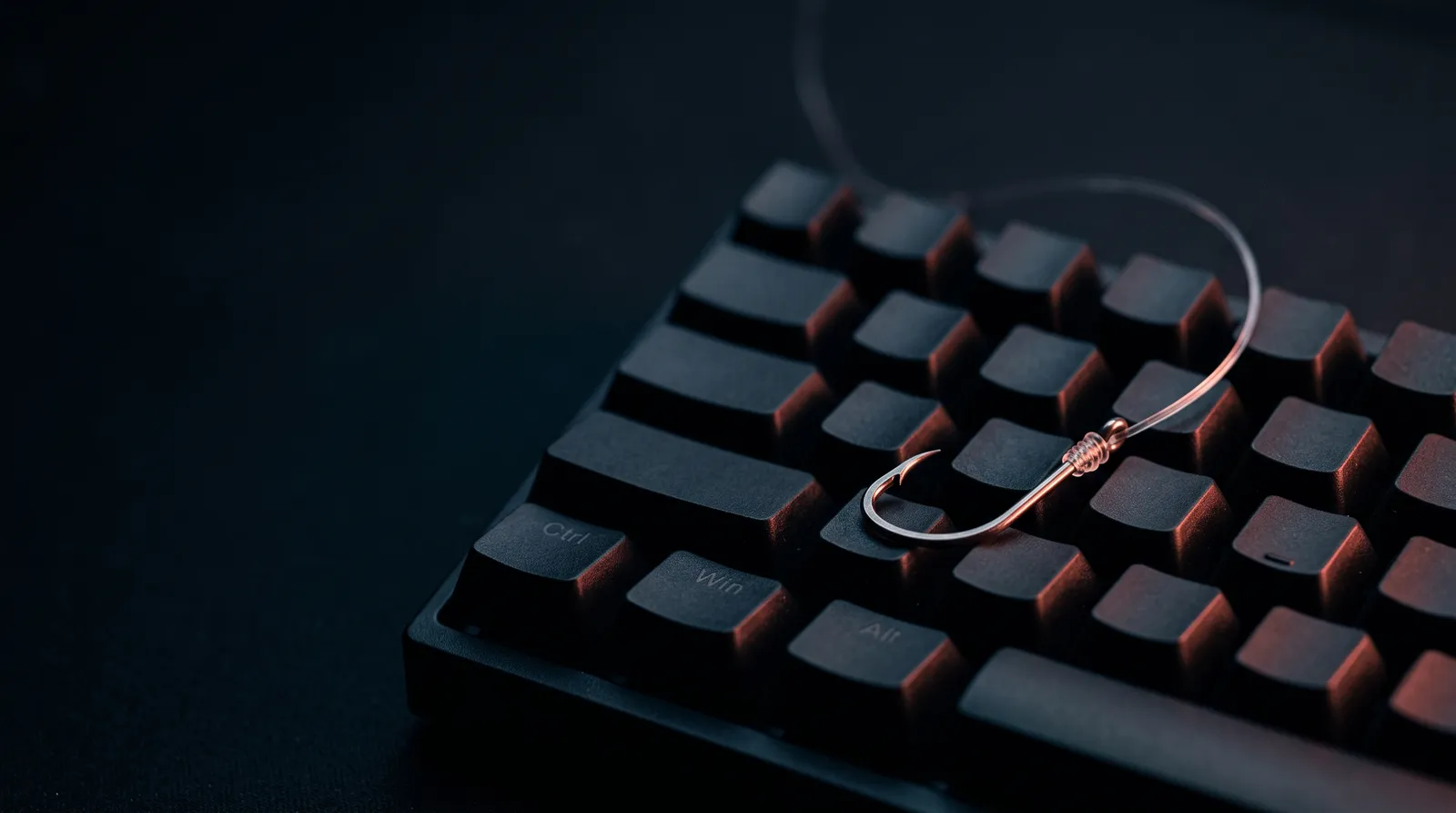 Un hameçon de pêche et son fil posés sur un clavier d'ordinateur noir, près des touches Ctrl, Win et Alt, dans le noir, éclairés par une seule lumière corail