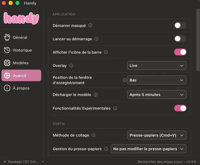 Les réglages avancés de Handy : overlay, déchargement du modèle après cinq minutes, méthode de collage par presse-papiers
