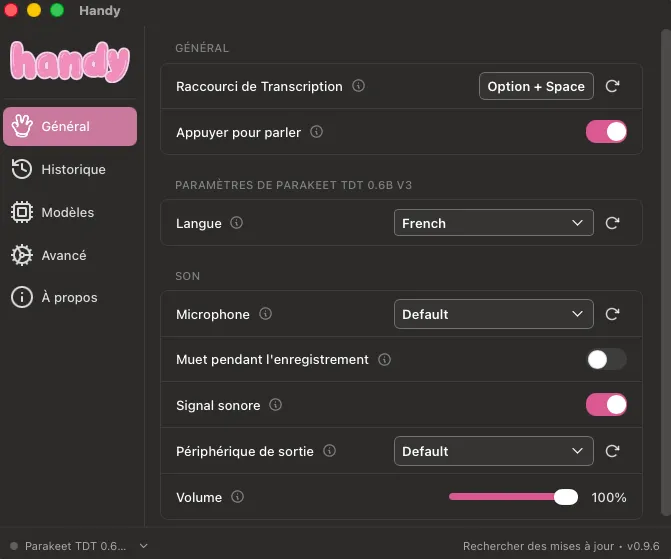 Les réglages généraux de Handy : raccourci de transcription Option + Espace, appuyer pour parler, langue française, choix du microphone