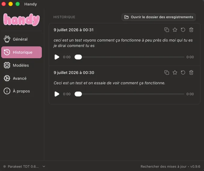 L'historique local de Handy : les transcriptions passées avec leur audio réécoutable