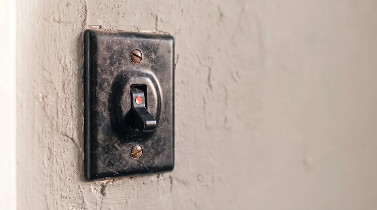 Un vieil interrupteur en bakélite noire fixé sur un mur sombre, la manette en position basse, sous une seule lumière corail rasante