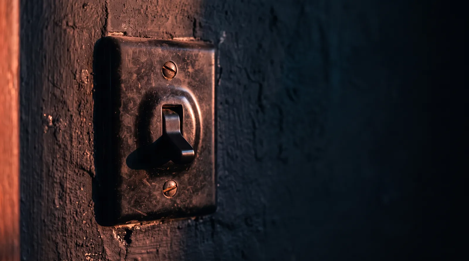 Un vieil interrupteur en bakélite noire fixé sur un mur sombre, la manette en position basse, sous une seule lumière corail rasante