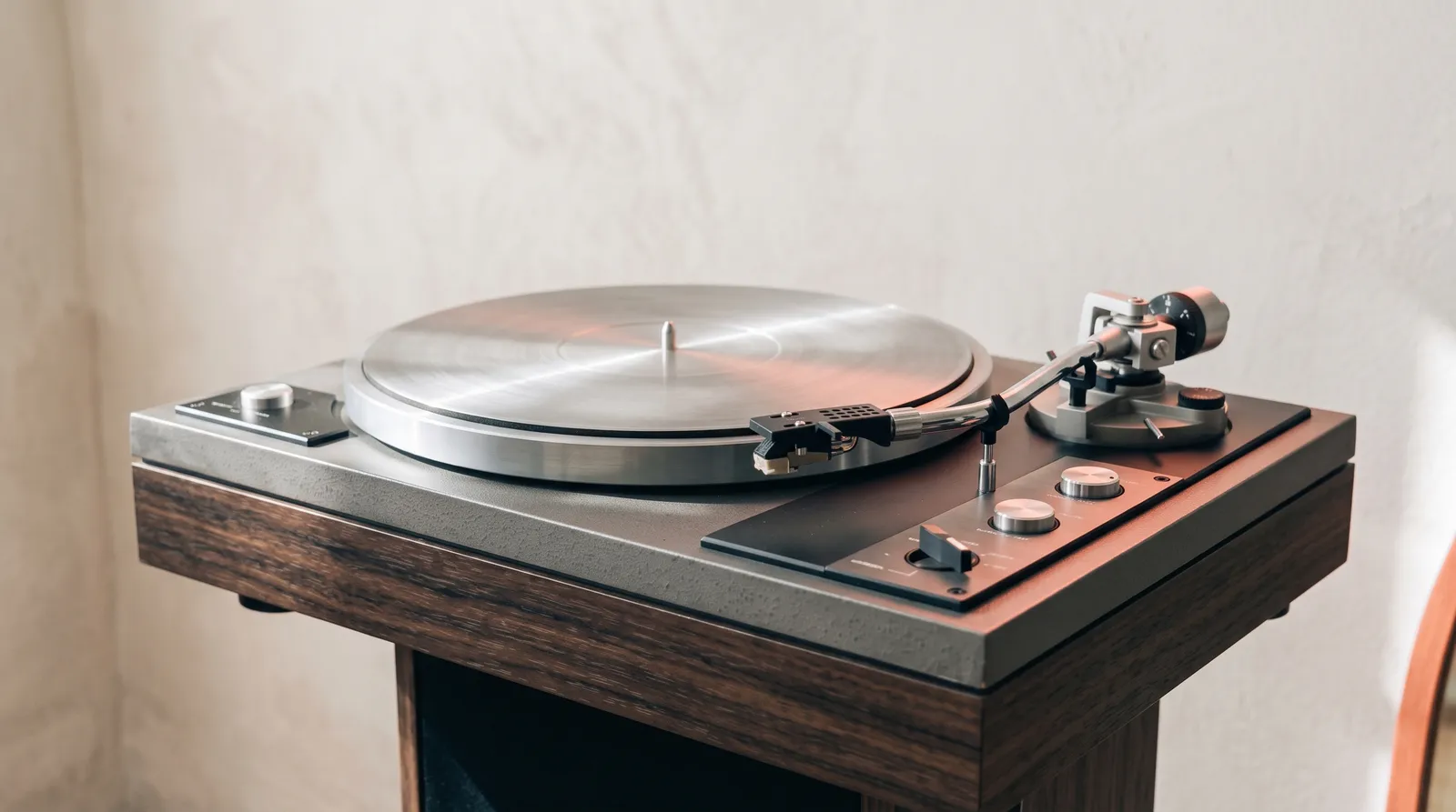 Une platine vinyle vue de trois quarts dans le noir, son plateau vide et son bras de lecture au-dessus, éclairés par une seule lumière corail rasante