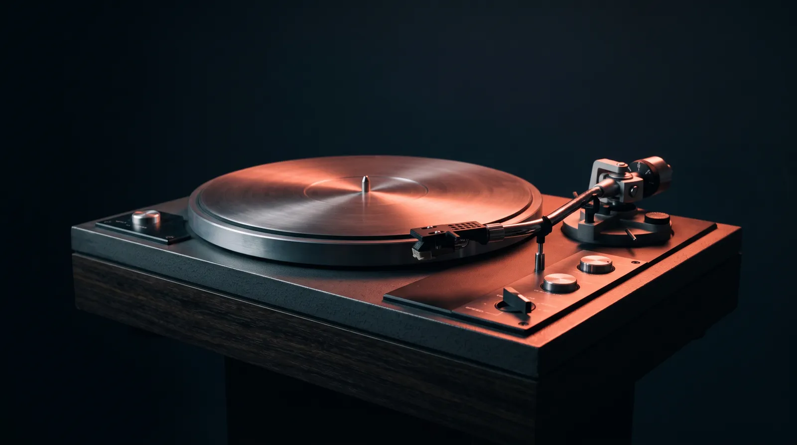 Une platine vinyle vue de trois quarts dans le noir, son plateau vide et son bras de lecture au-dessus, éclairés par une seule lumière corail rasante