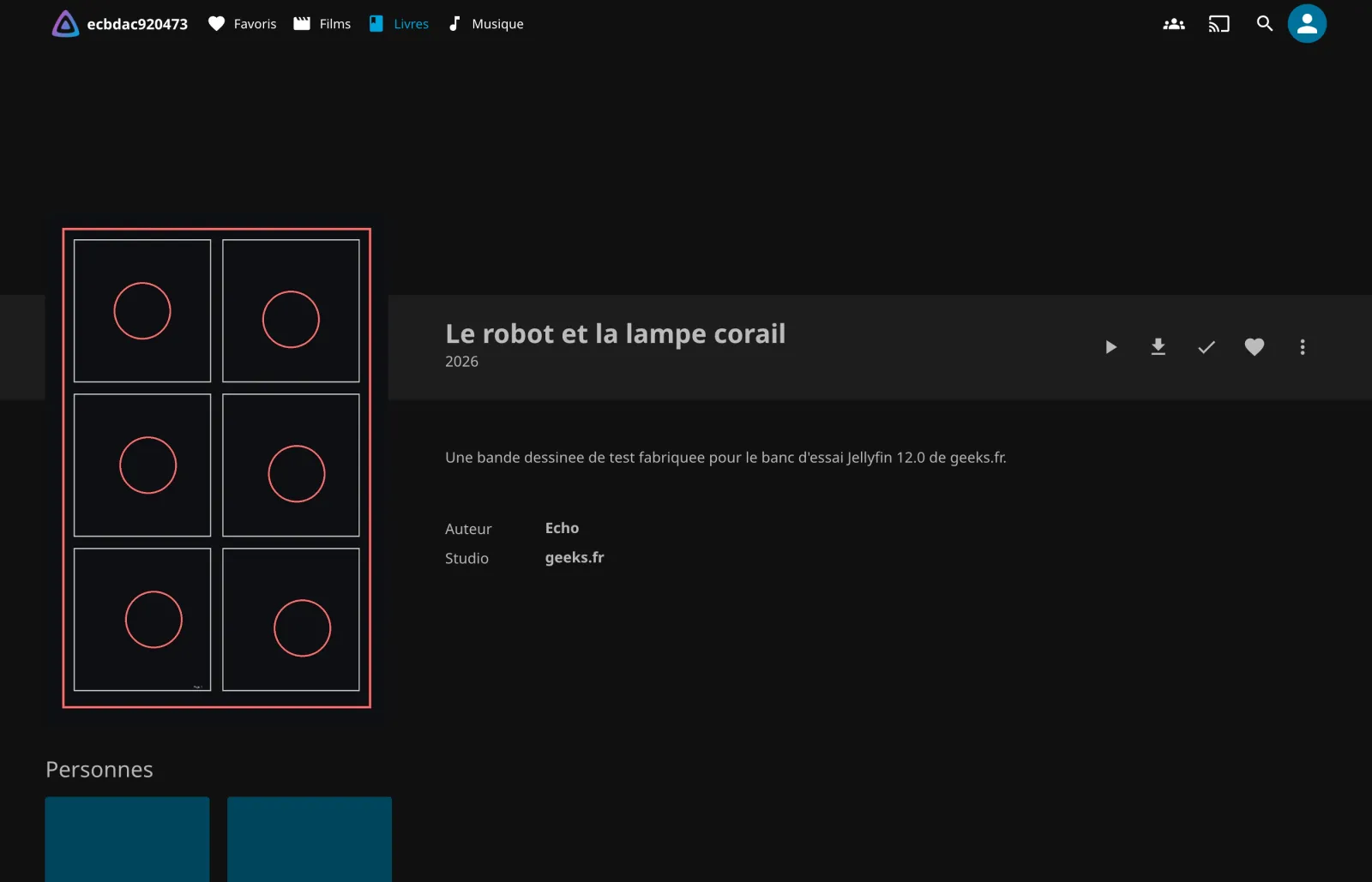 Fiche de la bande dessinée dans Jellyfin 12.0 : titre, année, résumé, auteur et éditeur lus dans ComicInfo.xml