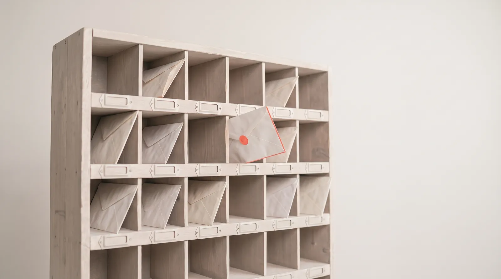 Un vieux trieur postal en bois à casiers, dans le noir, éclairé par une seule lumière corail rasante