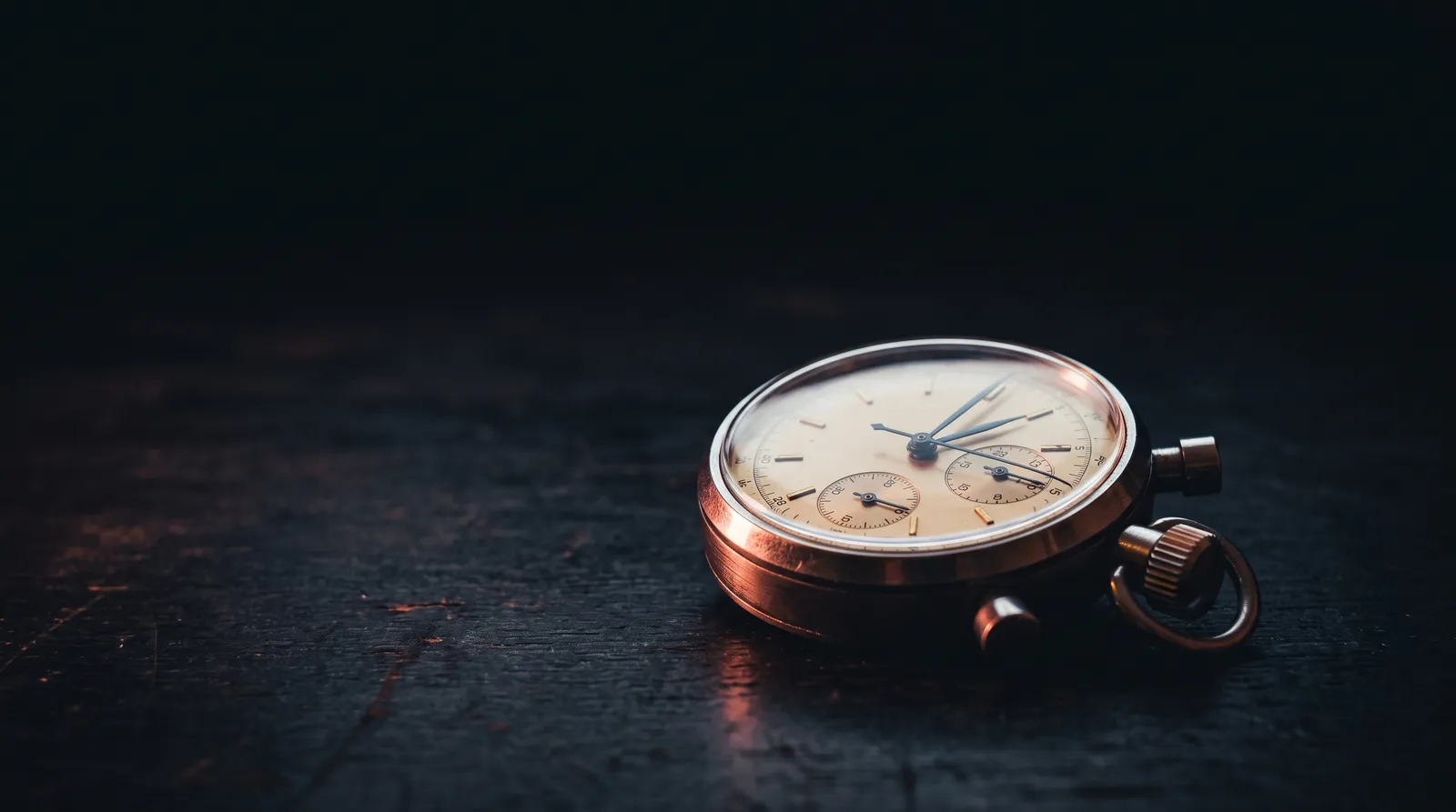 Un chronomètre mécanique de poche posé sur une surface sombre, éclairé par une seule lumière corail rasante