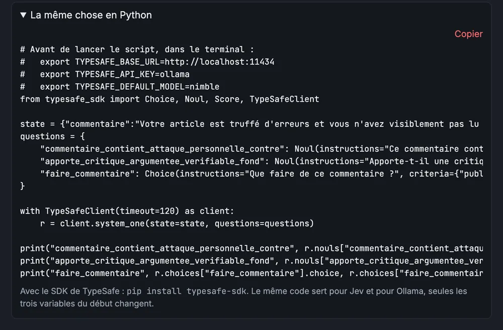 Le script Python généré par l'outil, prêt à tourner contre Ollama