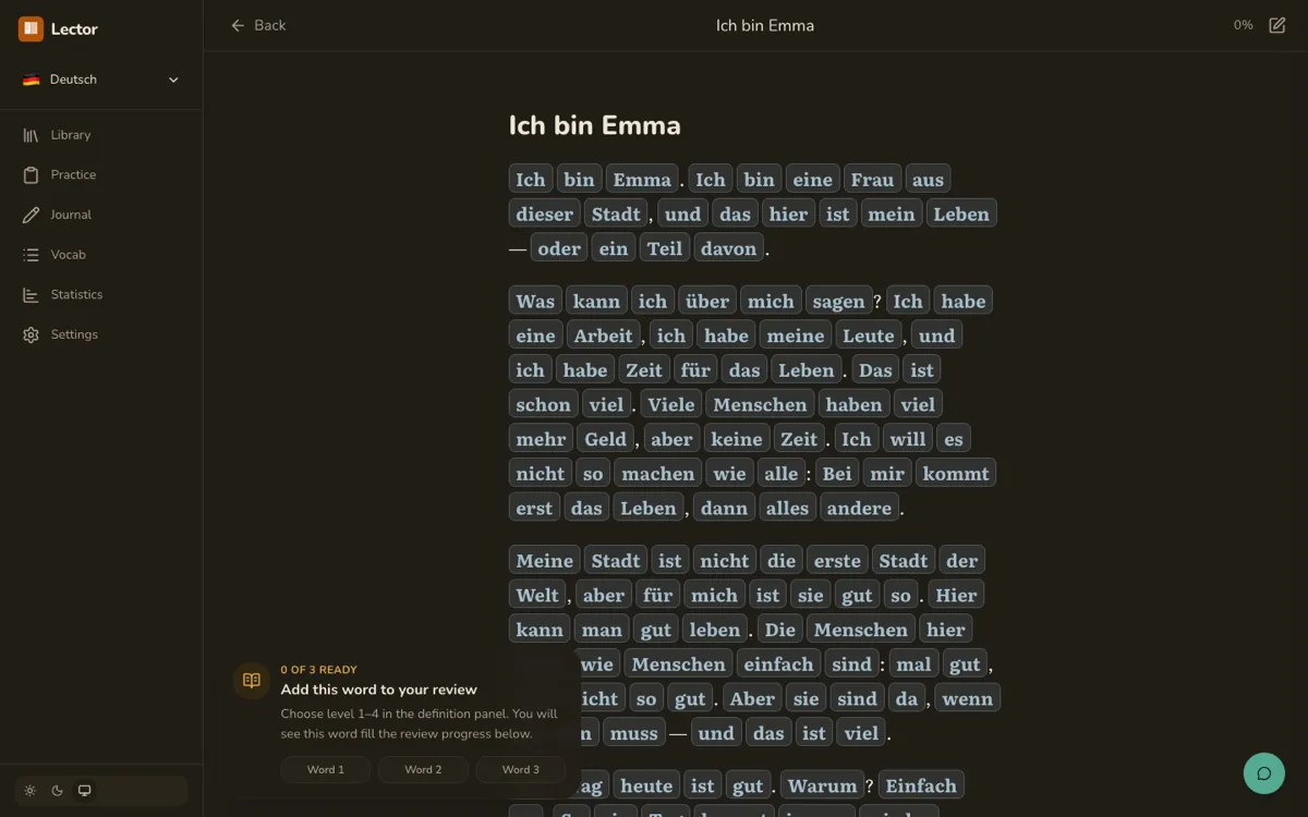 Le lecteur de Lector : un texte allemand dont chaque mot est une pastille cliquable, avec l'aide de premier lancement en bas à gauche