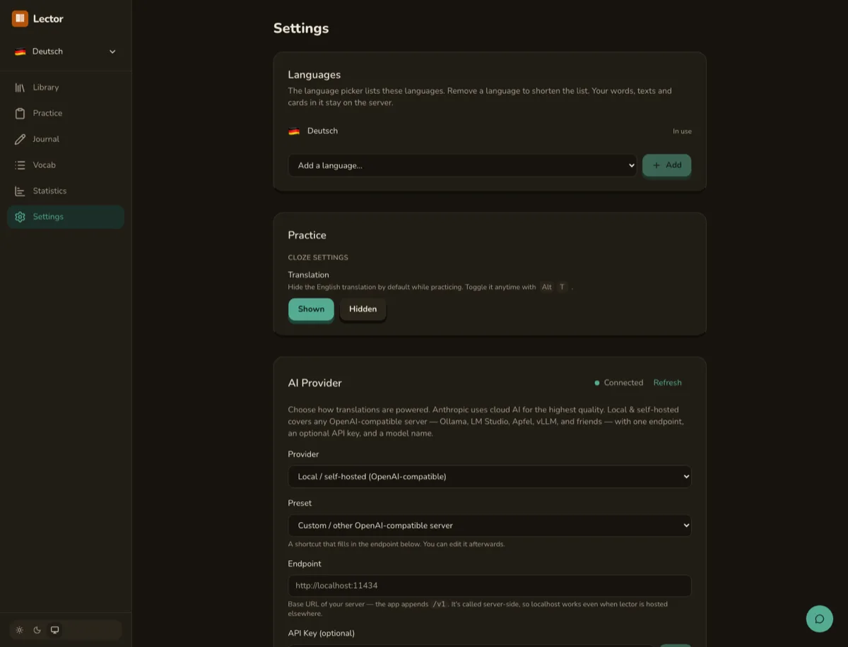 Les réglages de Lector : le fournisseur d'IA basculé sur Local / self-hosted, l'adresse du serveur Ollama, et l'état Connected
