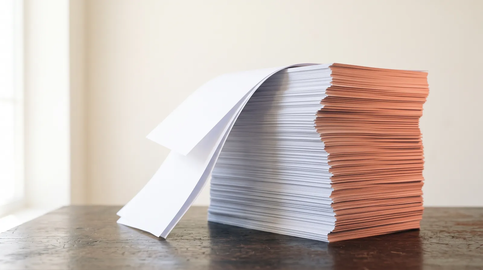 Une liasse de pages imprimées identiques, empilée dans le noir, éclairée par une seule lumière corail rasante