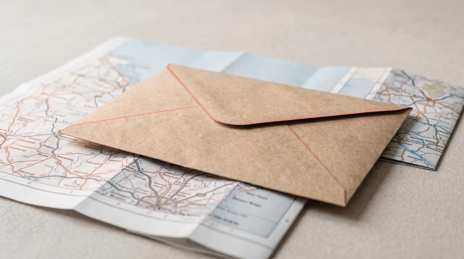 Une enveloppe kraft scellée posée sur une carte routière, dans le noir, éclairée par une seule lumière corail rasante