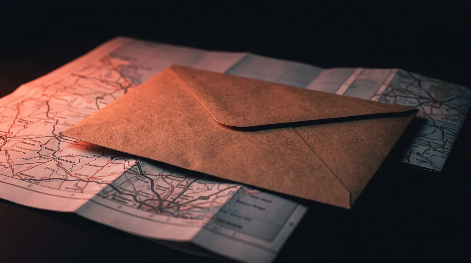 Une enveloppe kraft scellée posée sur une carte routière, dans le noir, éclairée par une seule lumière corail rasante