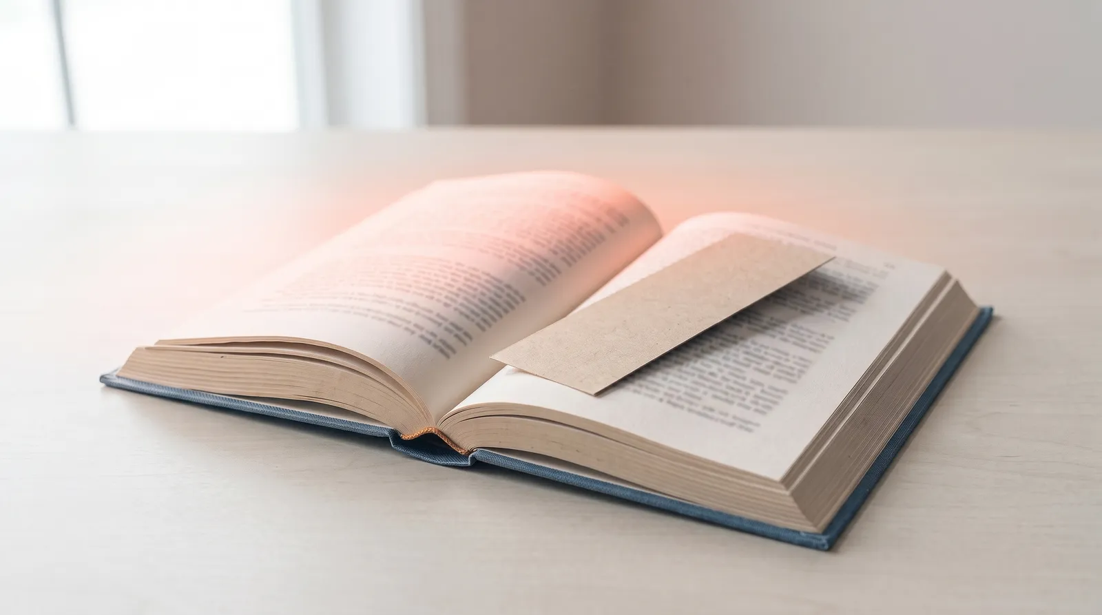 Un livre ouvert en langue étrangère posé sur un bureau dans l'obscurité, éclairé par une seule lumière corail rasante