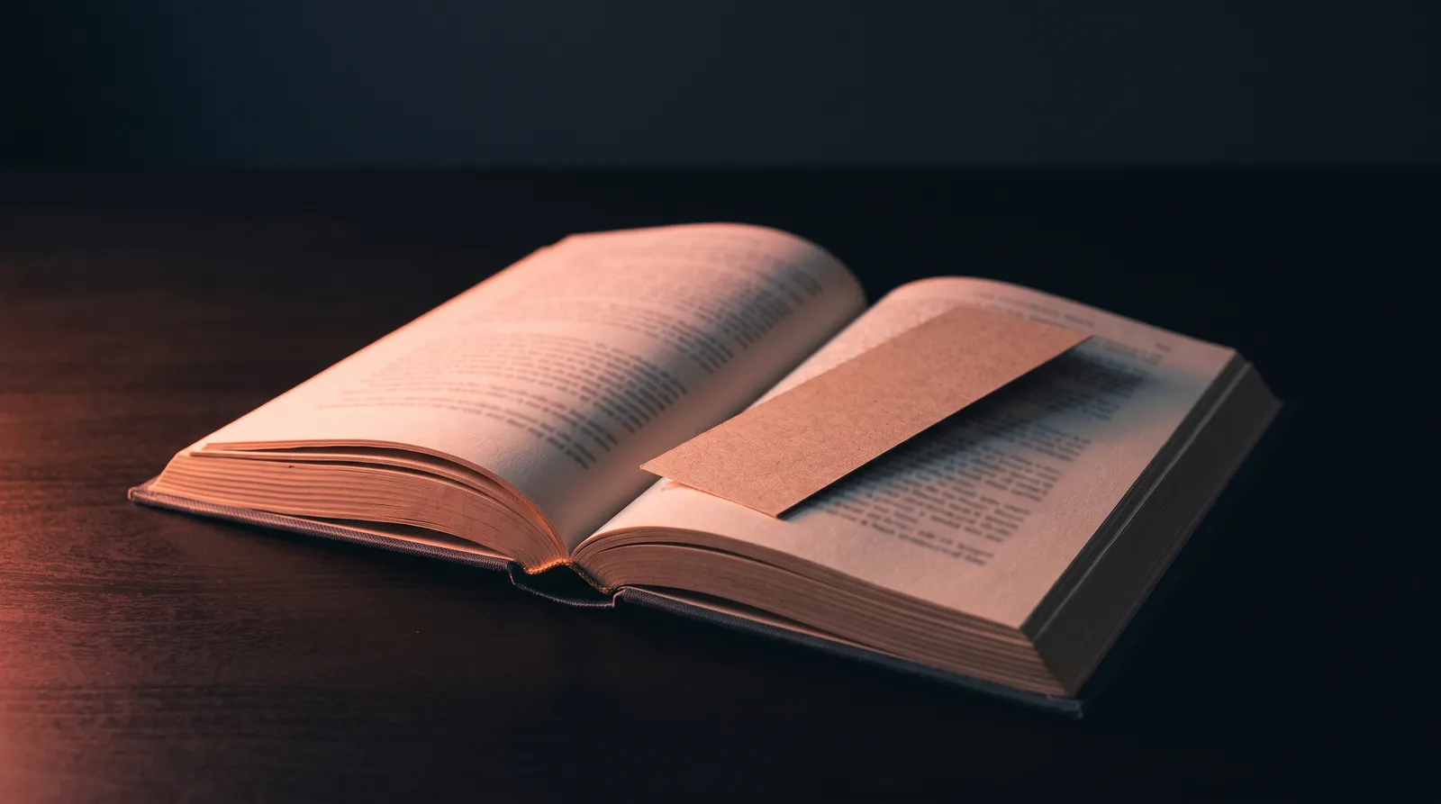 Un livre ouvert en langue étrangère posé sur un bureau dans l'obscurité, éclairé par une seule lumière corail rasante