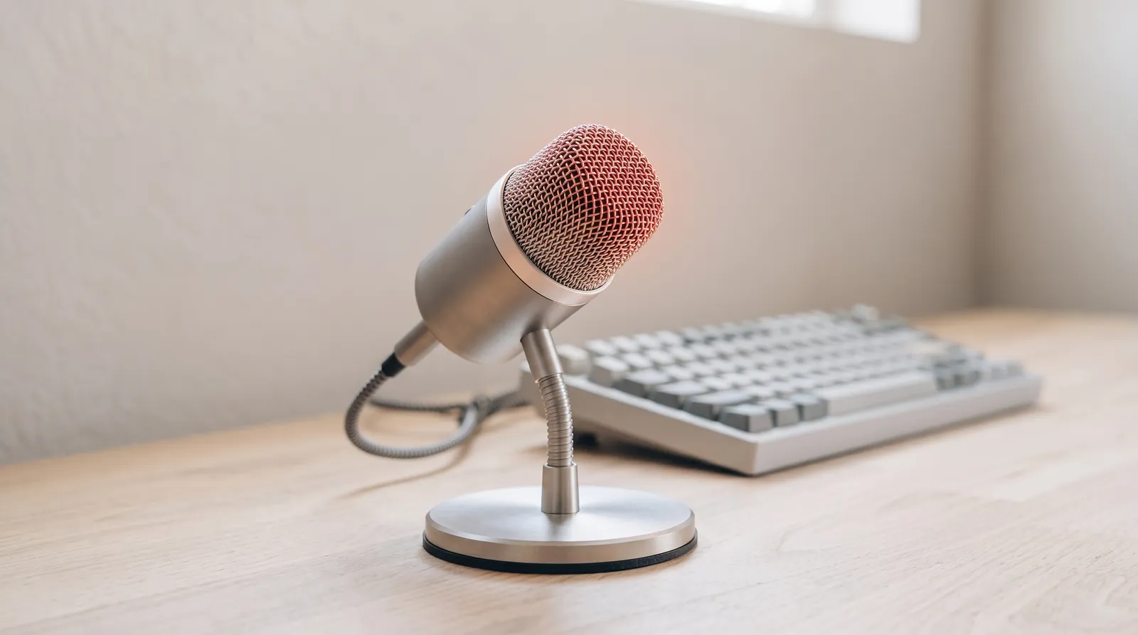 Un microphone de bureau posé devant un clavier mécanique dans l'obscurité, éclairé par une seule lumière corail rasante