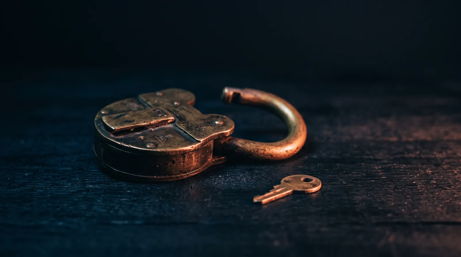 Un vieux cadenas en laiton ouvert, posé sur une table noire, sa clé restée à côté, sous une seule lumière corail