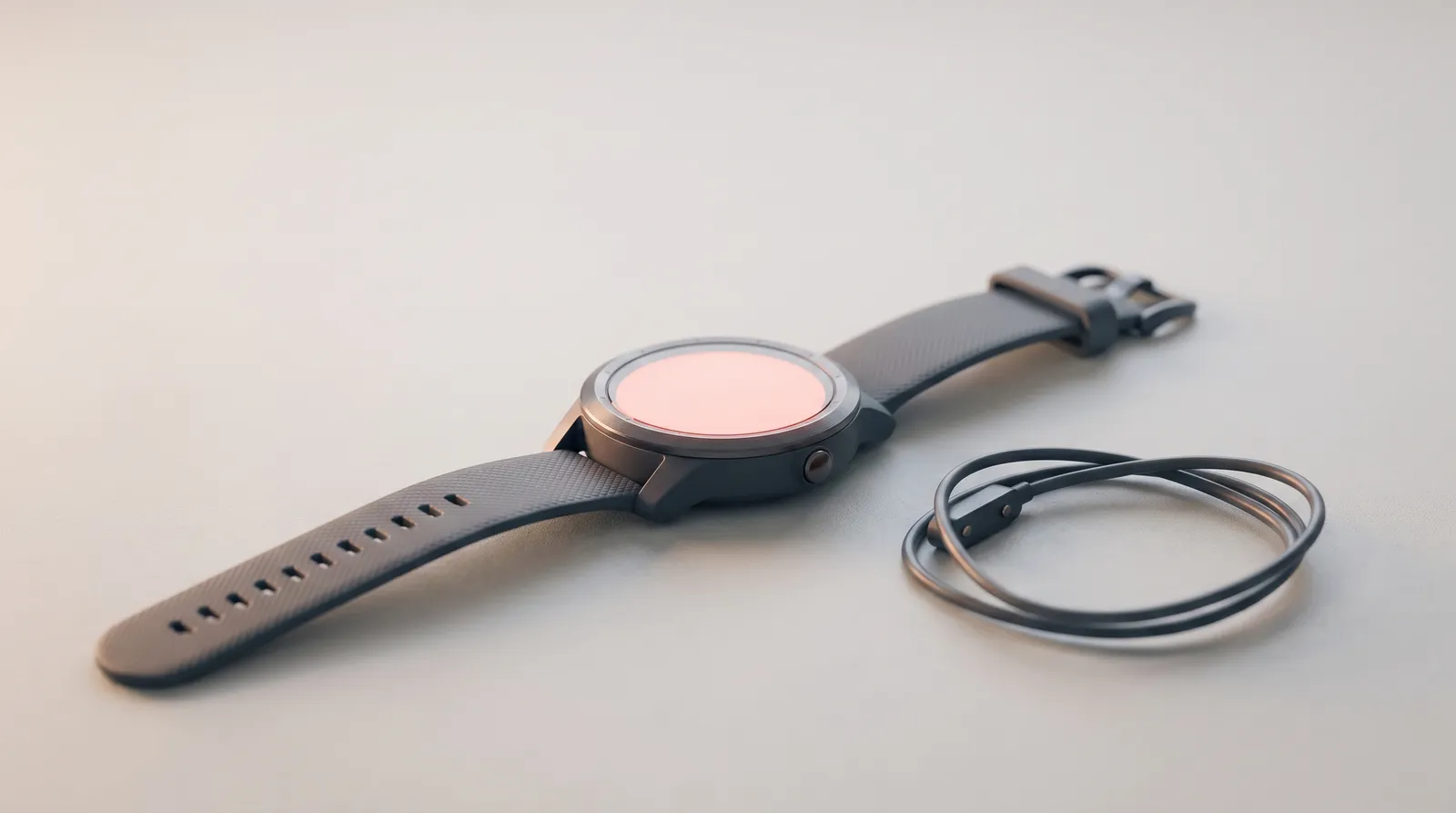 Une montre de sport posée à plat sur une table noire, son câble de charge magnétique enroulé à côté, sous une seule lumière corail