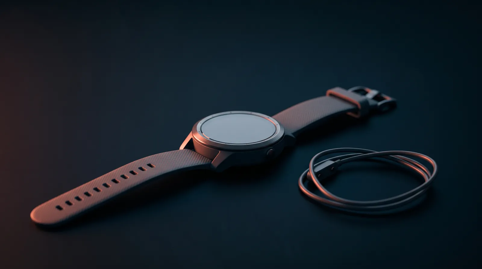 Une montre de sport posée à plat sur une table noire, son câble de charge magnétique enroulé à côté, sous une seule lumière corail