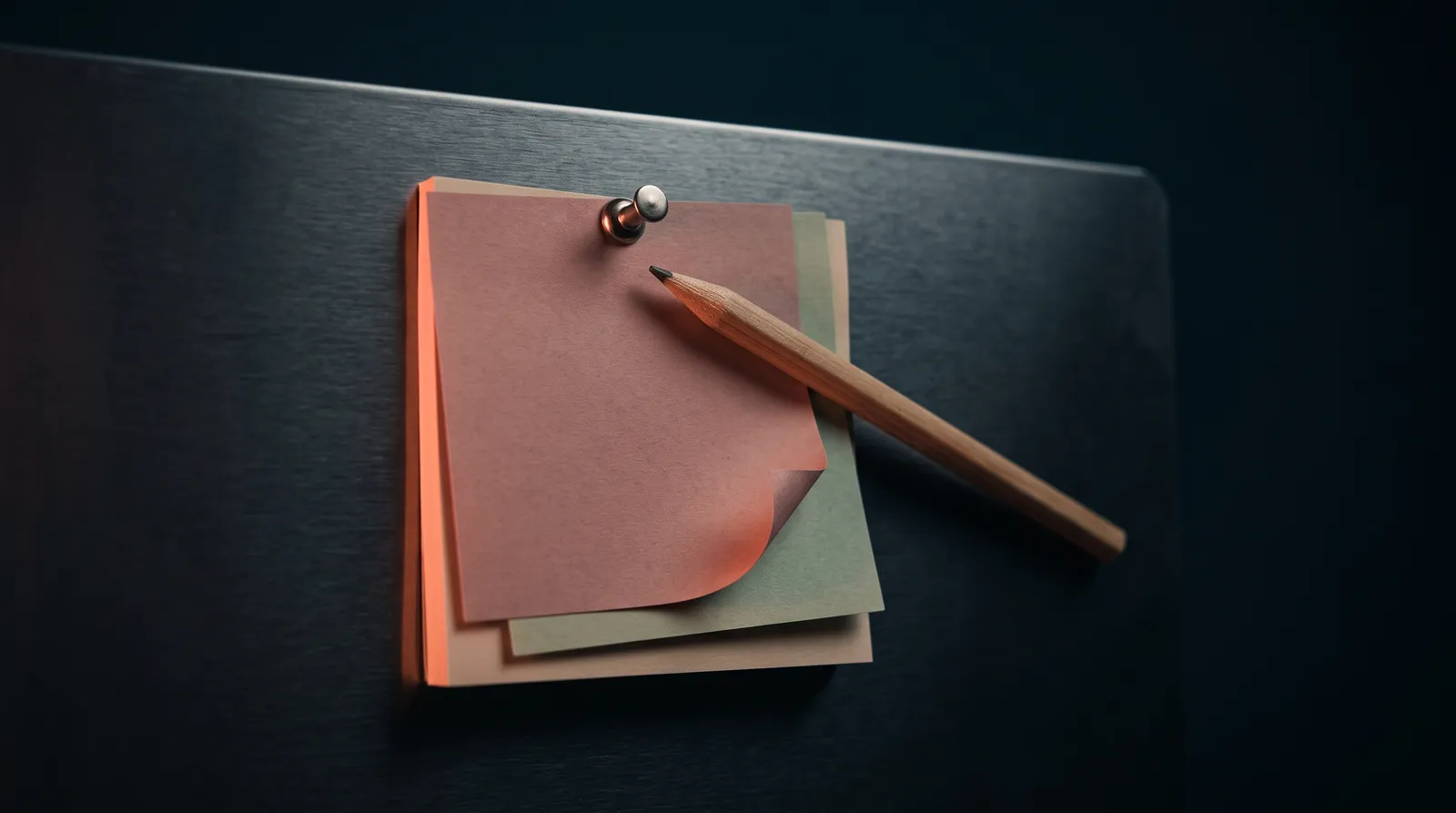 Des papillons adhésifs de couleurs empilés et épinglés sur une plaque métallique, un crayon posé en travers, sous une seule lumière corail rasante dans l'obscurité