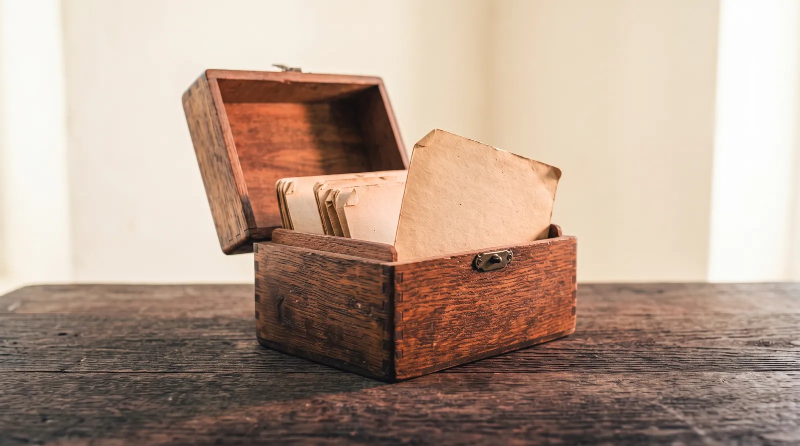 Une boîte à fiches en bois ouverte sur une table sombre, des fiches cartonnées usées dressées à l'intérieur, éclairées par une seule lumière corail rasante