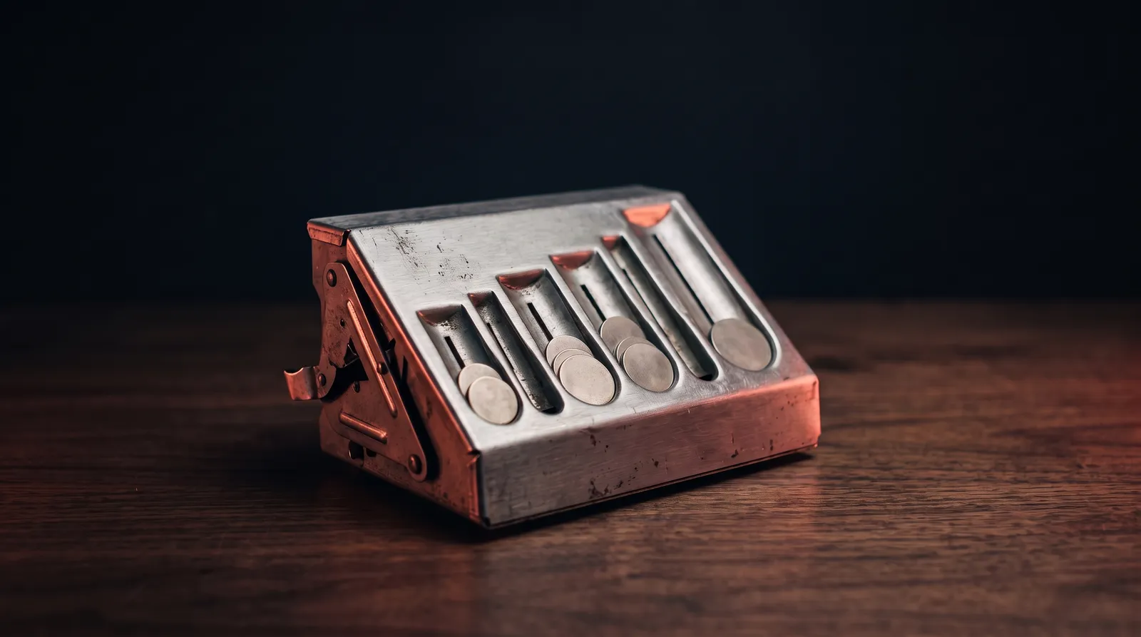 Une petite trieuse de pièces en métal brossé, quelques jetons lisses dans ses rainures, posée sur un bureau en bois dans le noir, éclairée par une seule lumière corail