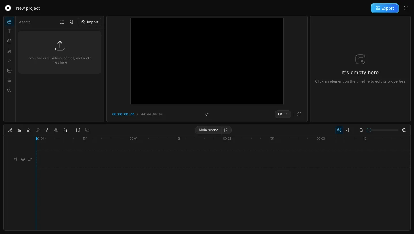 L'éditeur OpenCut ouvert sur un projet vide : à gauche le panneau des médias avec sa zone de dépôt, au centre l'aperçu, à droite le panneau de propriétés, en bas la timeline et ses outils, et le bouton d'export en haut à droite