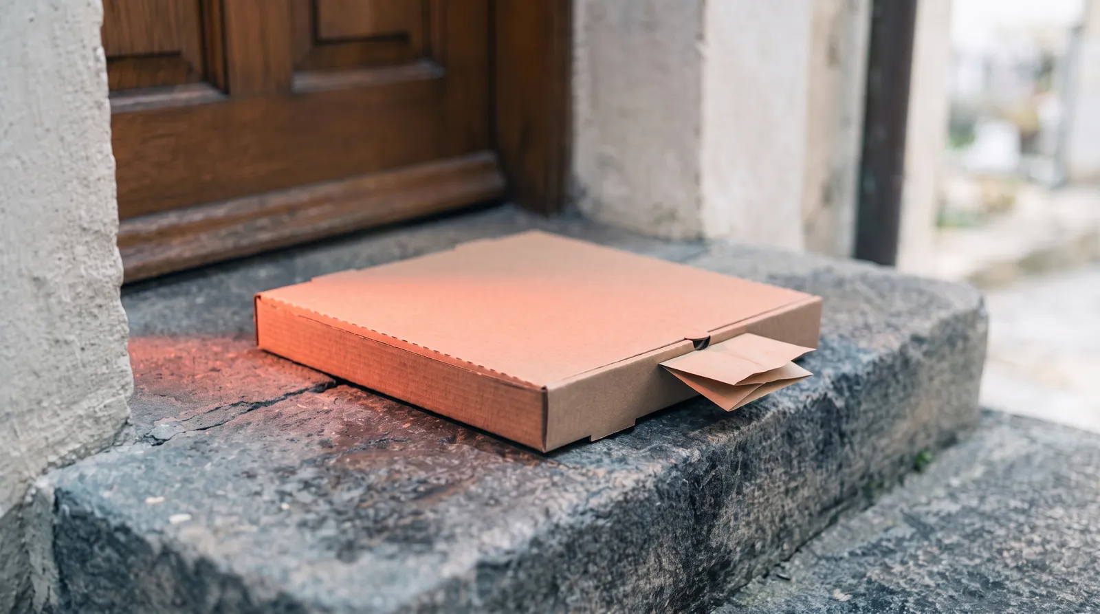 Une boîte à pizza en carton fermée sur un seuil de pierre, la nuit, un mot plié glissé sous le couvercle, éclairée par une seule lumière corail rasante