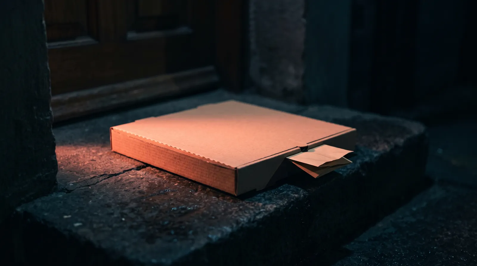 Une boîte à pizza en carton fermée sur un seuil de pierre, la nuit, un mot plié glissé sous le couvercle, éclairée par une seule lumière corail rasante