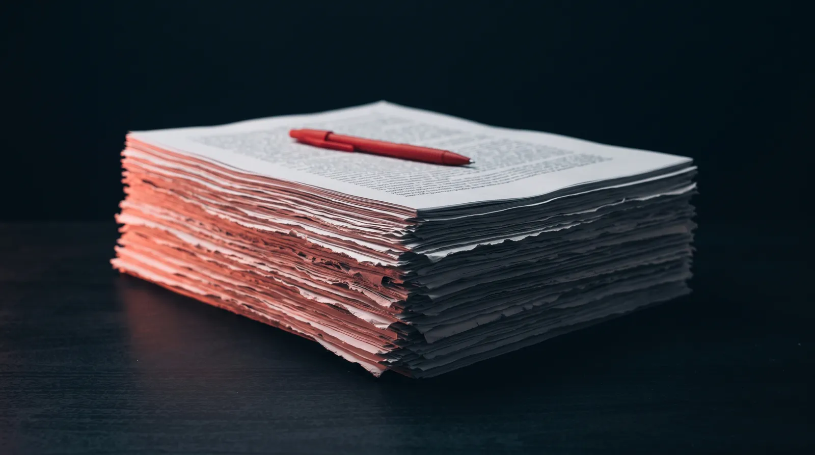 Une pile d'articles scientifiques imprimés dans la pénombre, un stylo rouge posé dessus, la tranche éclairée par une lumière corail
