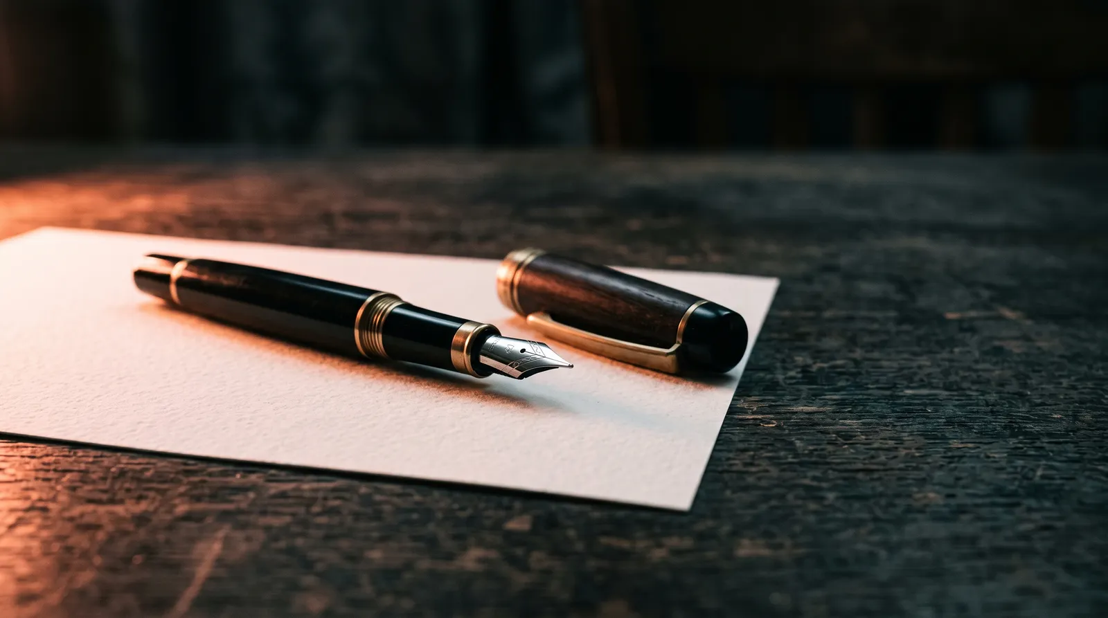 Un stylo plume ouvert, capuchon posé à côté, sur une feuille de papier blanche parfaitement vierge, sur un établi sombre éclairé par une seule lumière corail rasante