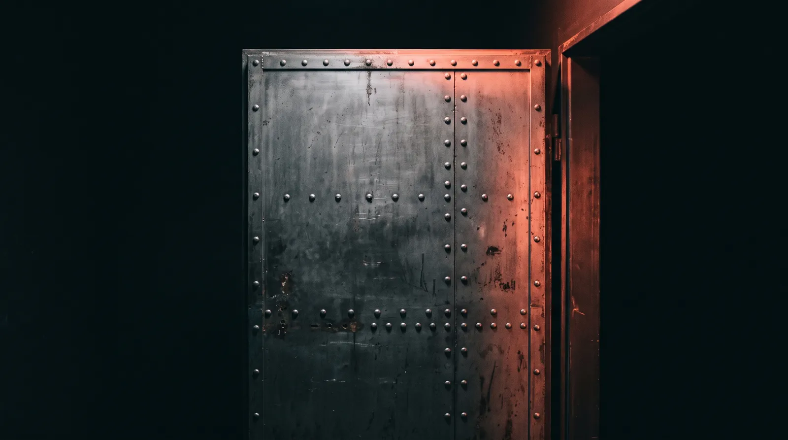 Une porte métallique fermée sans poignée ni serrure, dans le noir, éclairée par une seule lumière corail rasante
