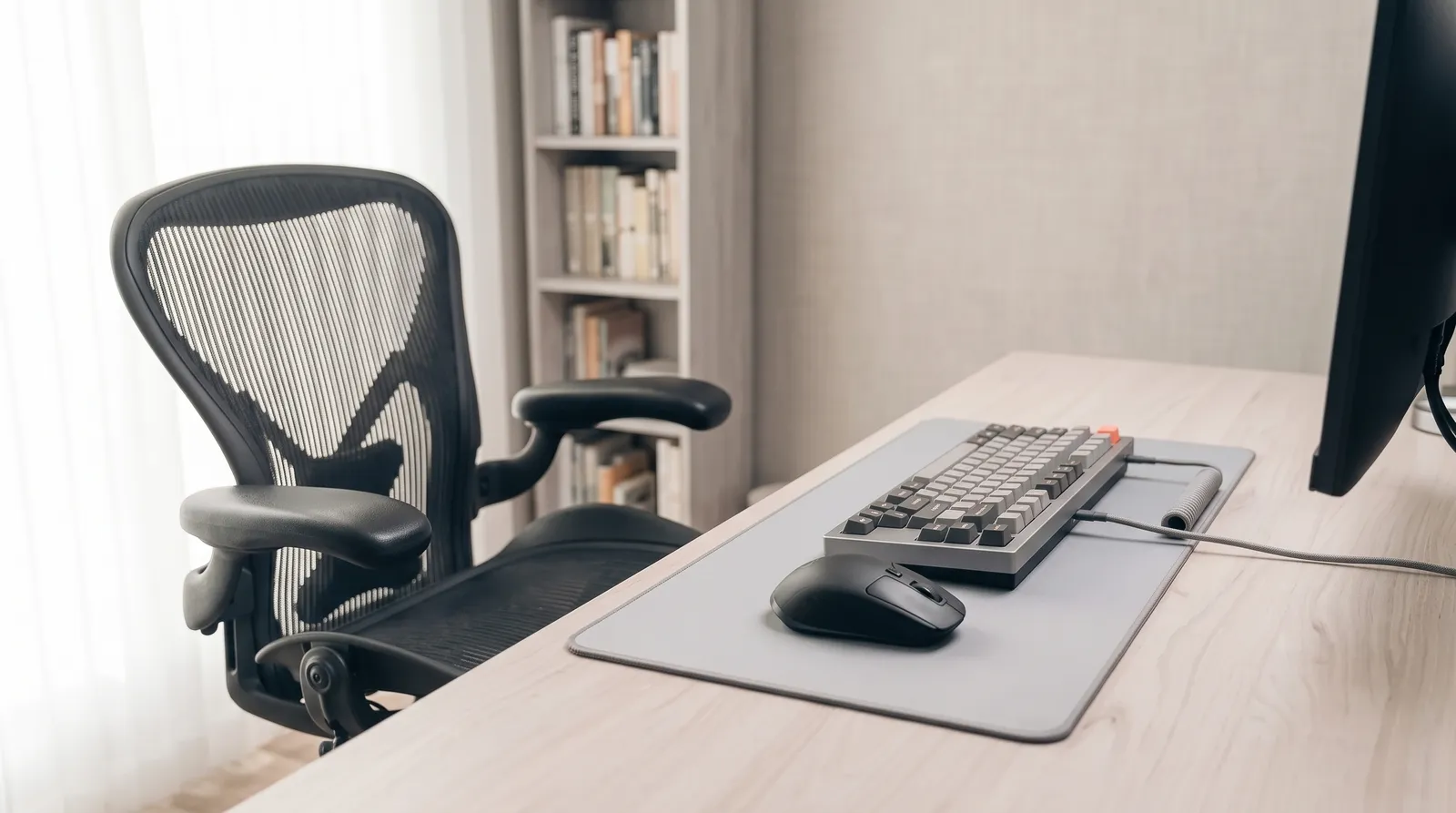 Un bureau de nuit, clavier et souris immobiles, chaise vide reculée, la lueur corail d'un écran hors champ éclairant le plateau
