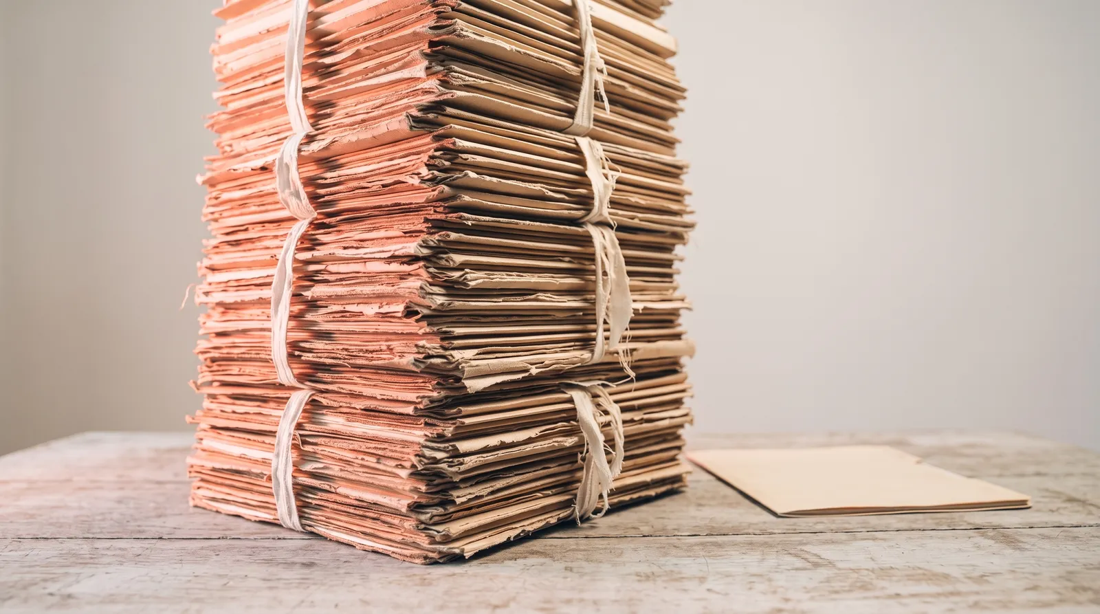 Une pile de chemises cartonnées de dossier judiciaire, très haute, posée sur une table sombre, éclairée par une seule lumière corail rasante