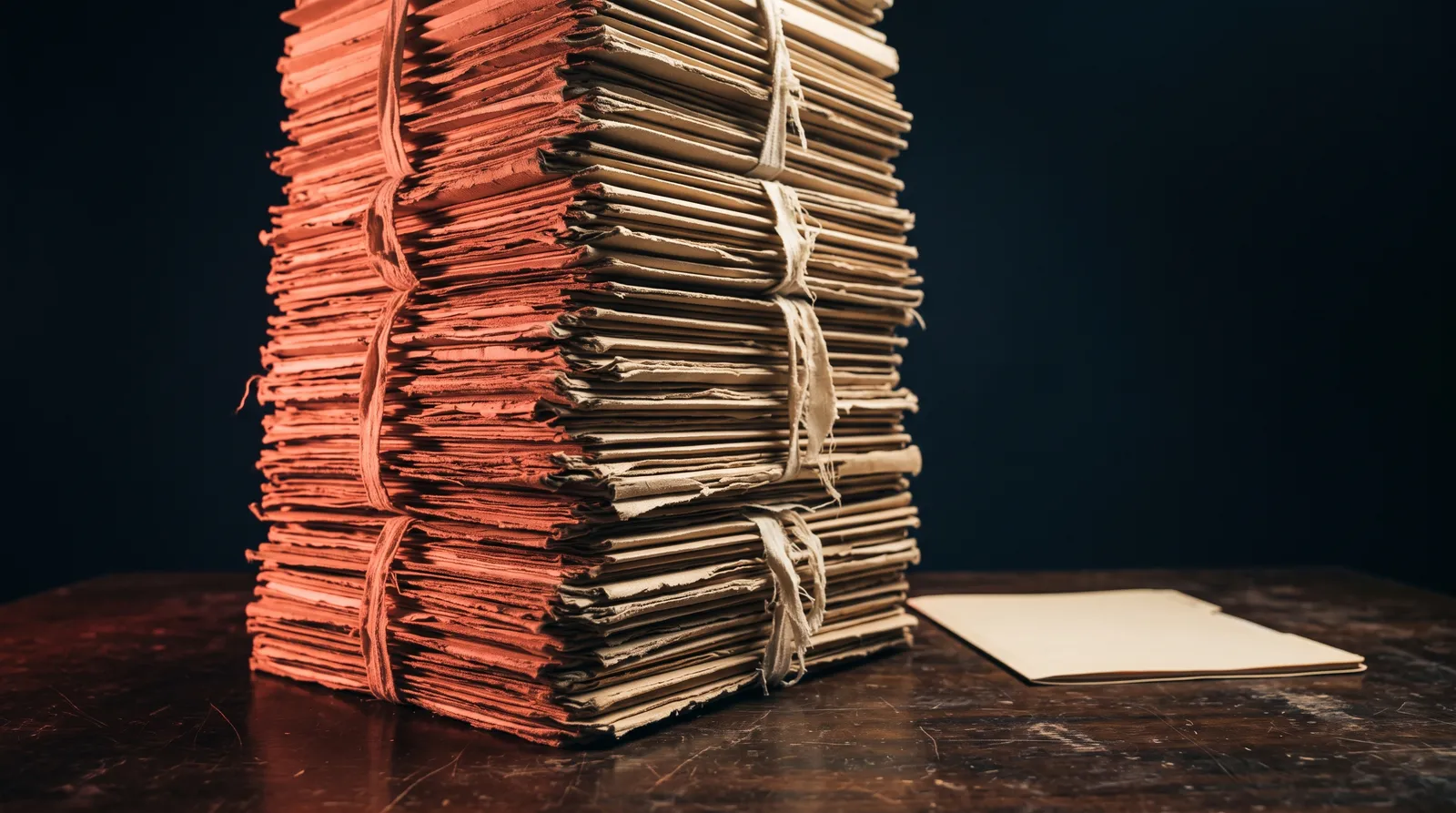 Une pile de chemises cartonnées de dossier judiciaire, très haute, posée sur une table sombre, éclairée par une seule lumière corail rasante