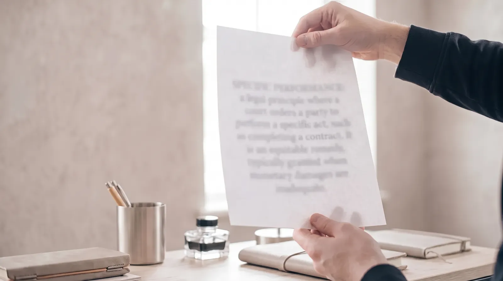 Une feuille imprimée tenue à contre-jour, laissant apparaître en filigrane un bloc de texte caché invisible sur la face imprimée