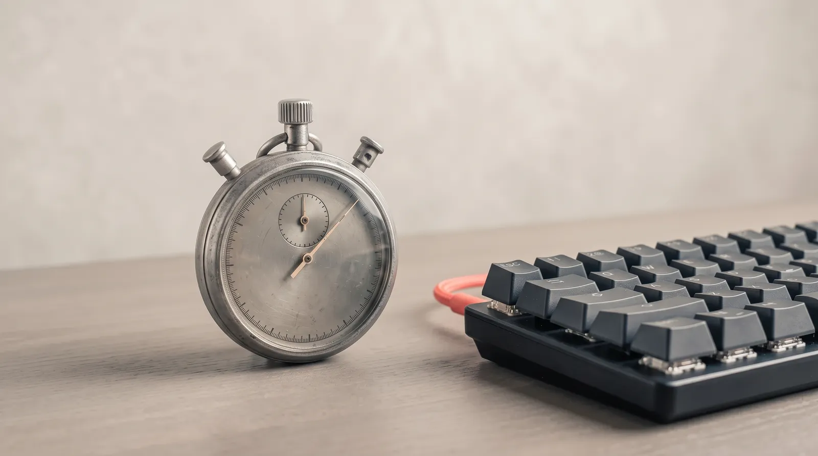 Un vieux chronomètre mécanique posé à côté d'un clavier mécanique sombre, l'aiguille arrêtée, sous une seule lumière corail