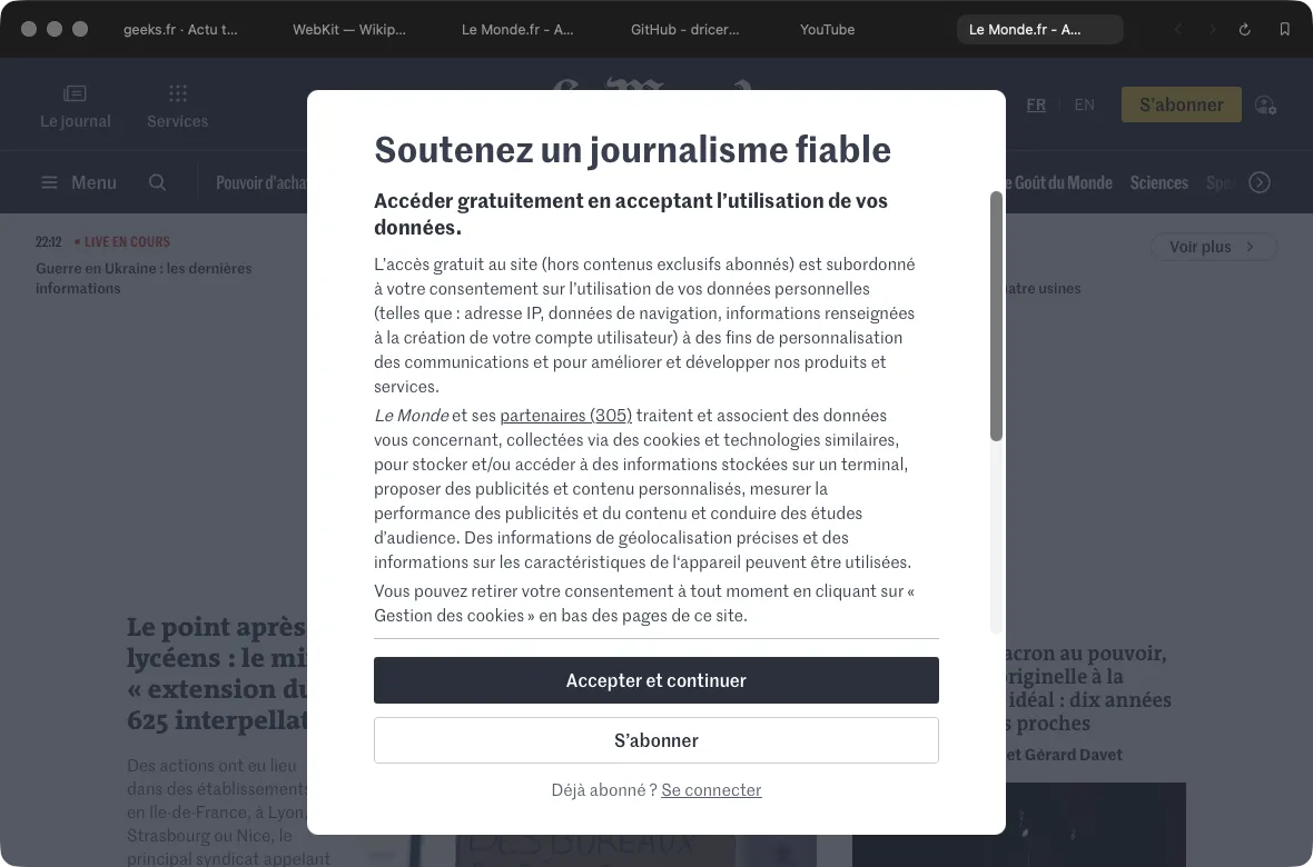 Cinq onglets restaurés dans Search, et le mur de consentement du Monde, qui passe le bloqueur