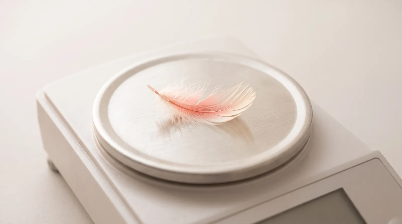 Une petite plume posée sur le plateau en acier brossé d'une balance de précision, dans le noir, éclairée par une seule lumière corail