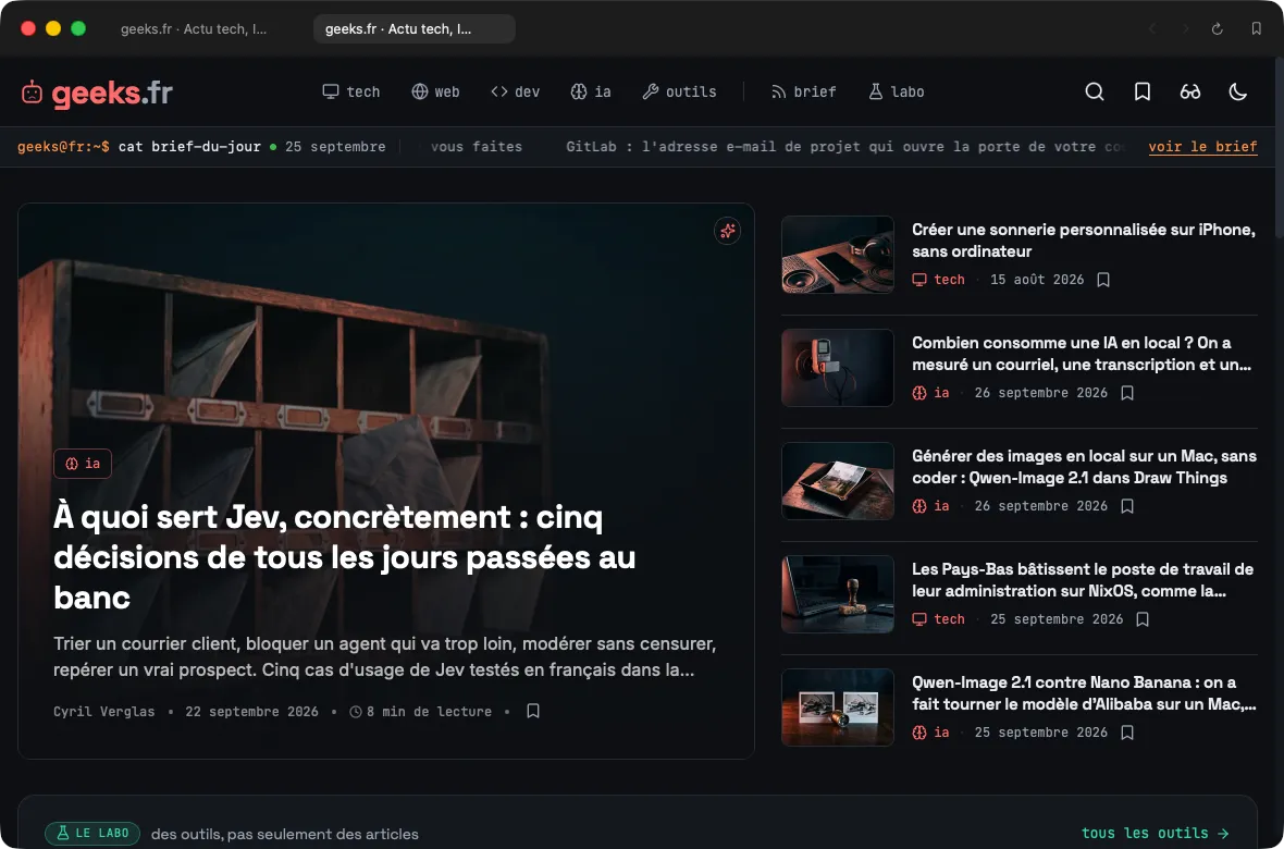 Search affichant l'accueil de geeks.fr, avec ses onglets en haut de la fenêtre