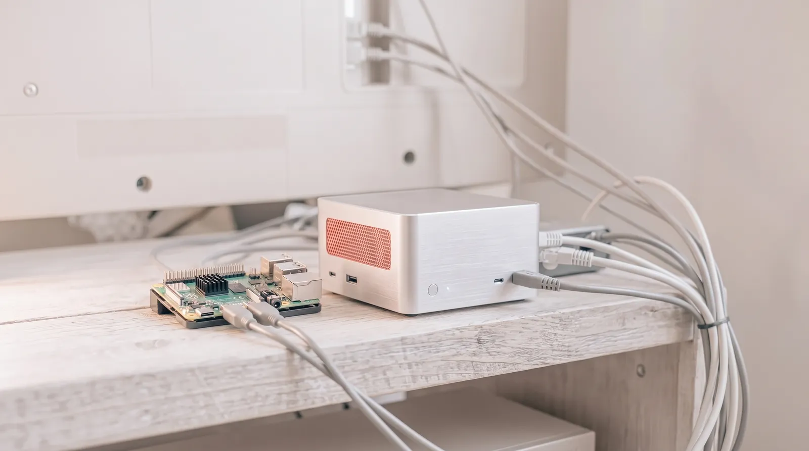 Une carte mère nue et un mini-serveur posés sur une étagère derrière un téléviseur, câbles rangés, éclairés par une lumière corail rasante
