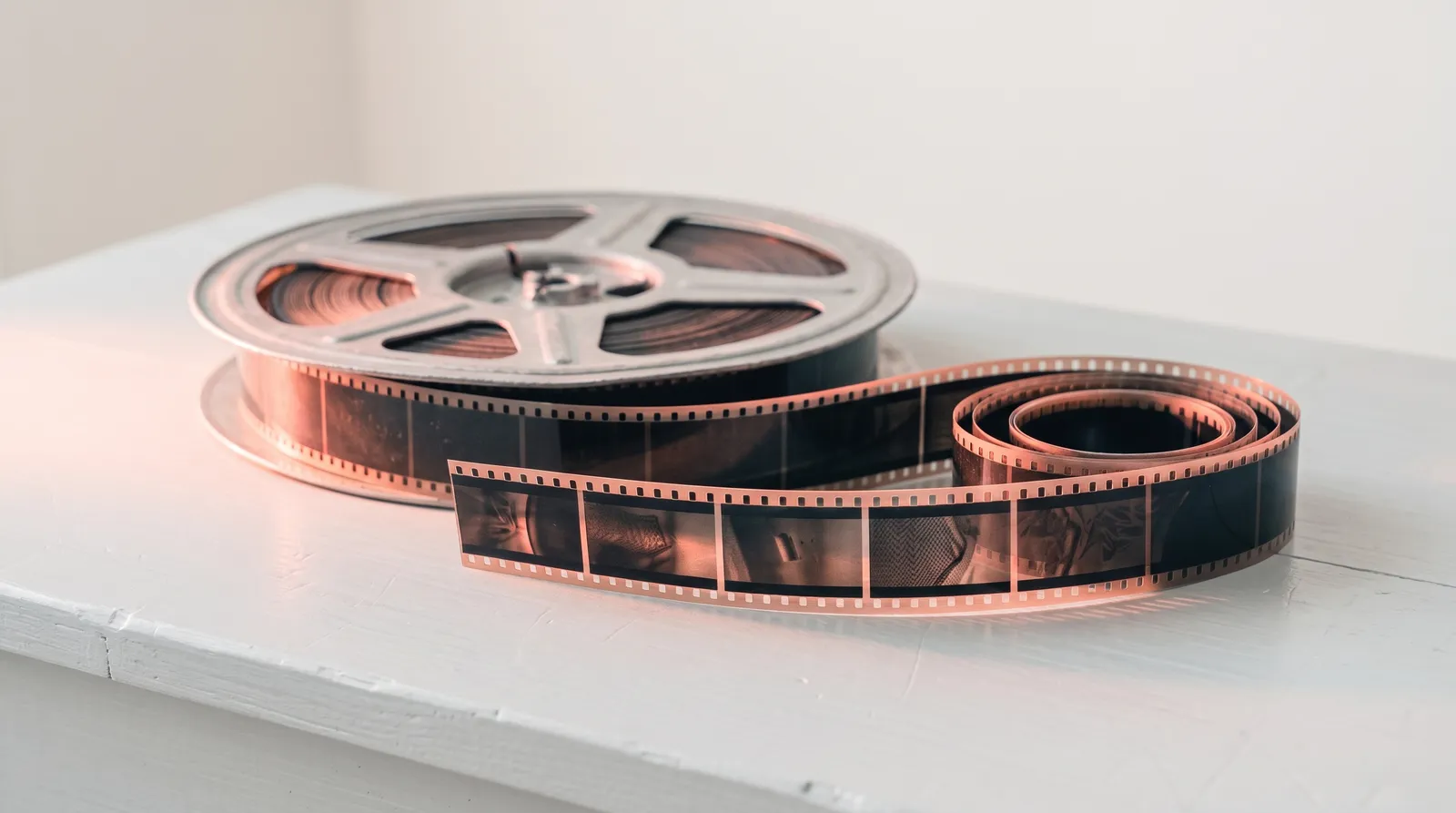 Une bobine de pellicule 35 mm déroulée sur un plan de travail, dans le noir, éclairée par une seule lumière corail rasante