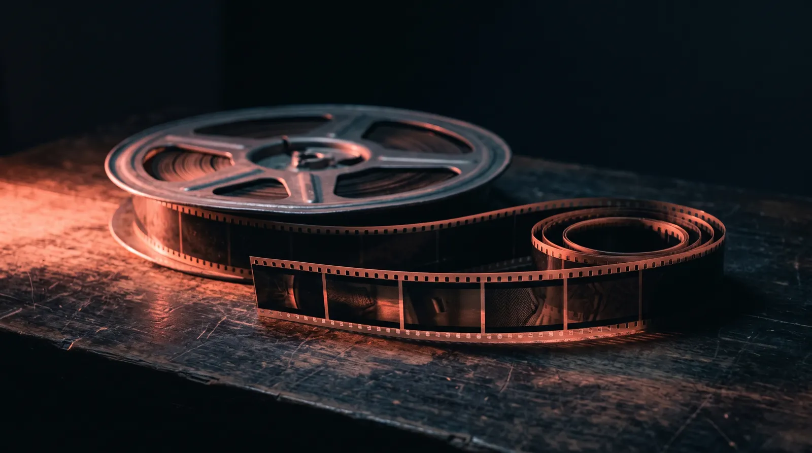 Une bobine de pellicule 35 mm déroulée sur un plan de travail, dans le noir, éclairée par une seule lumière corail rasante