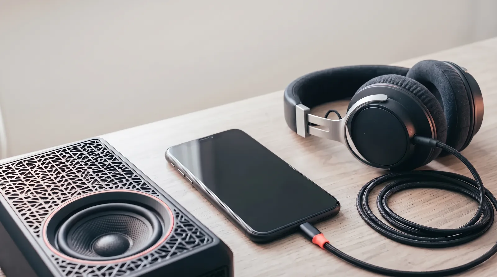 Un smartphone à l'écran éteint posé sur un bureau en bois entre une enceinte de monitoring et un casque audio enroulé